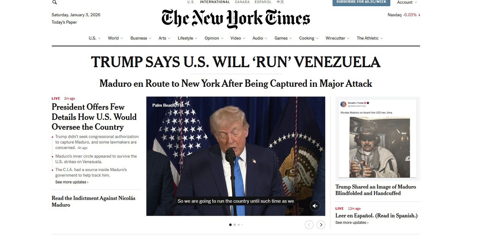 Ataque de Trump à Venezuela é ilegal e imprudente, diz New York Times